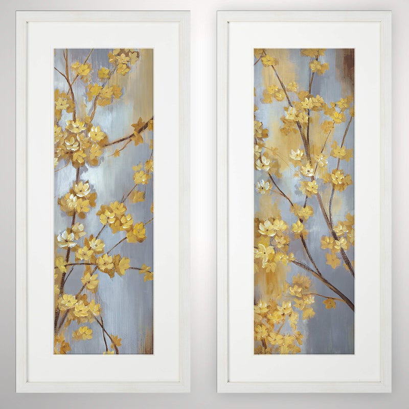 Renditions Gallery HAC17FS-14803-14804 Forsythia Garden 2 Set Yellow Flower Pictures Prints Art Framed Modern Home Wall Decor Painting Ready To Hang, White - Image 1